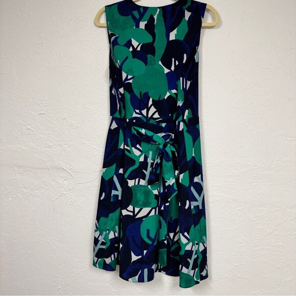 Ann Taylor Green Blue Floral Ruffled A Line Dress Womens 14P Belted Modest - Picture 9 of 9